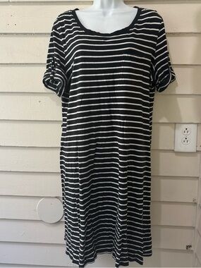 🔥5 for $25🔥 Organic Cotton Black & White Striped Casual Tee Shirt Dress